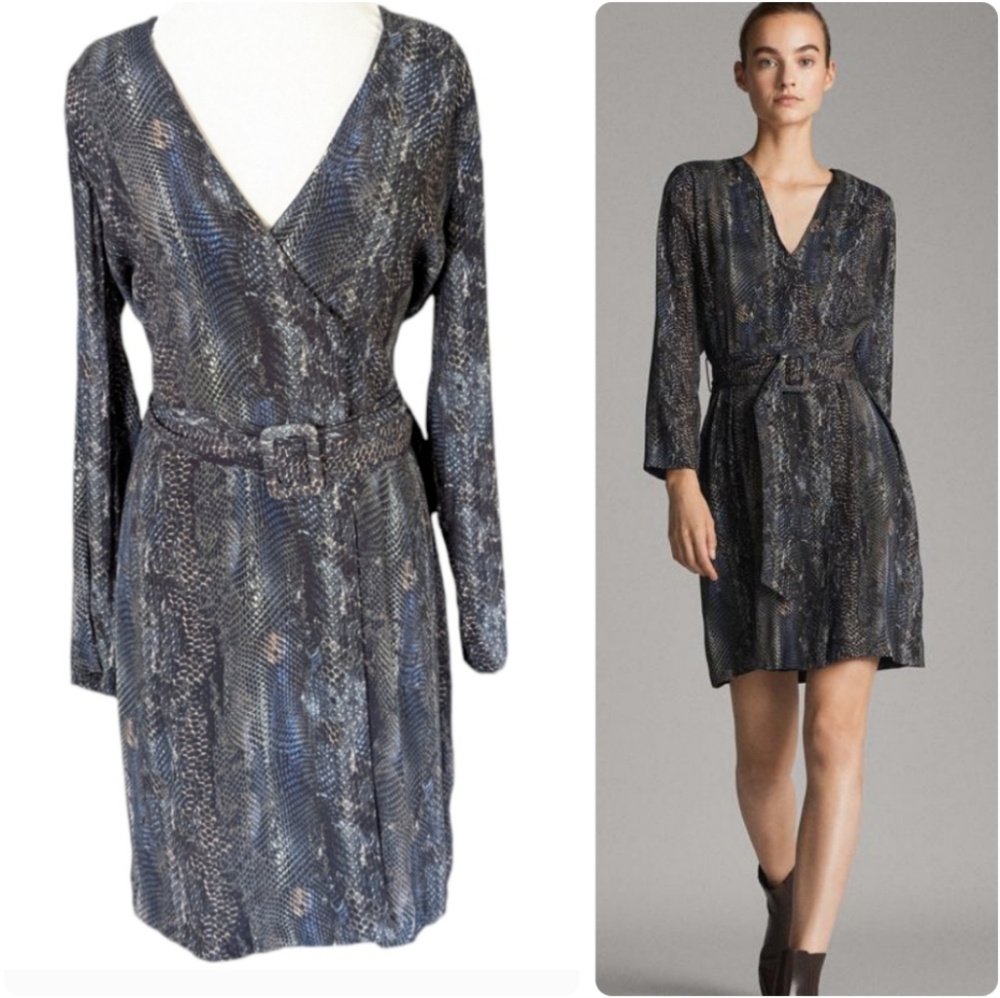Massimo Dutti Dress Sz 10 Snakeskin Design Belted Wrap Look Gray Blue V Neck